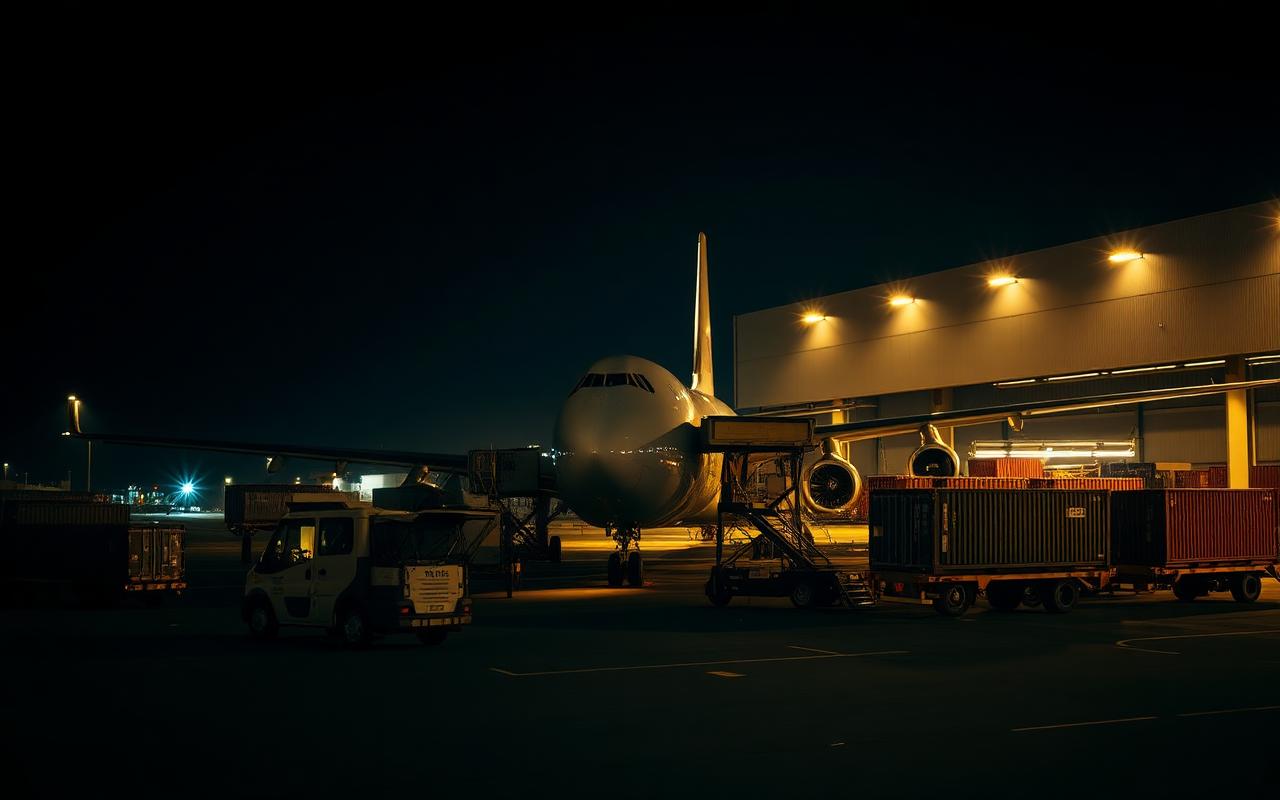 Freight logistics operation with containers, trucks and cargo handling